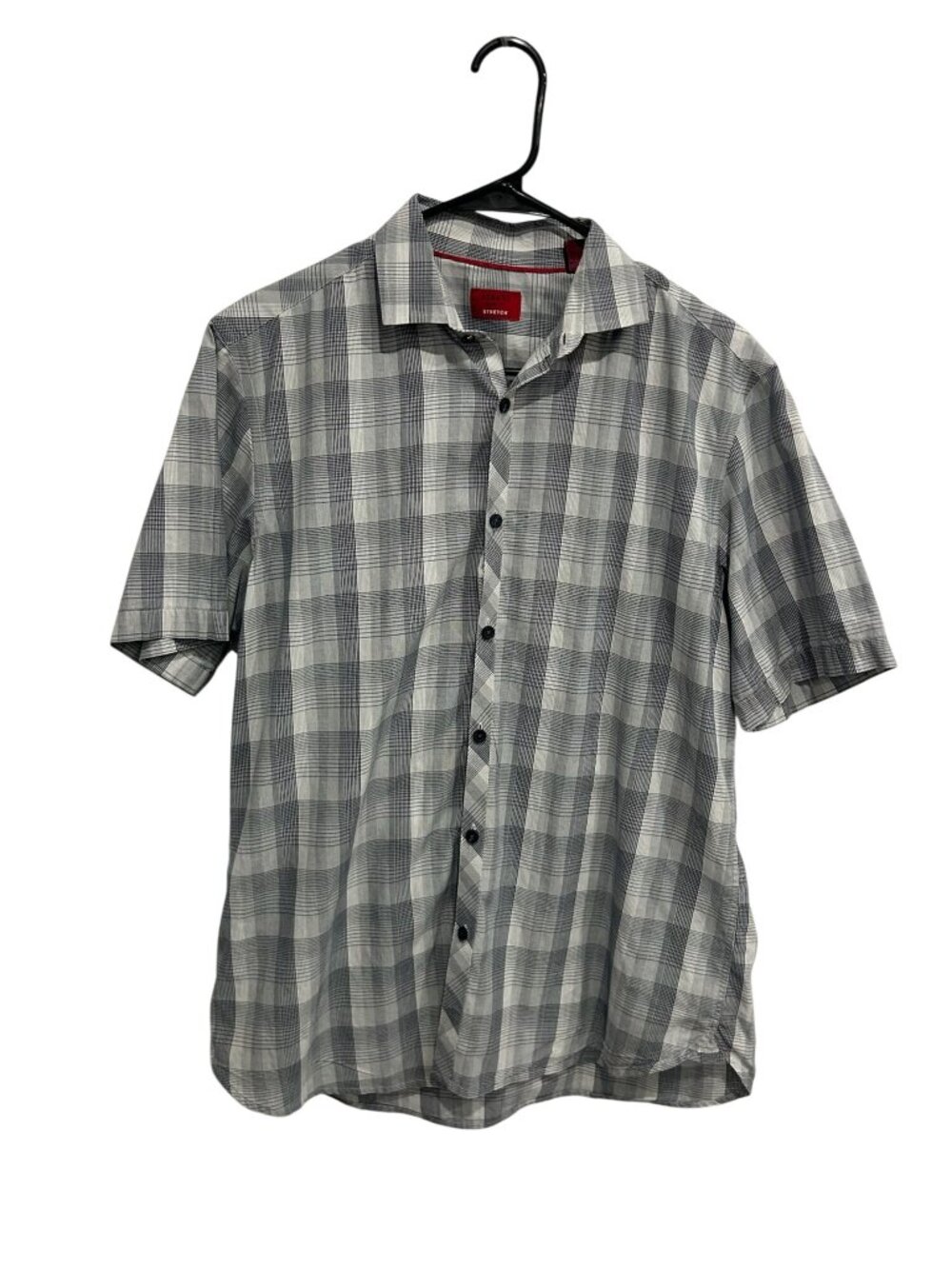 Alfani Medium Mens Gray Plaid Slim Fit Stretch Short Sleeve Shirt Minimalist